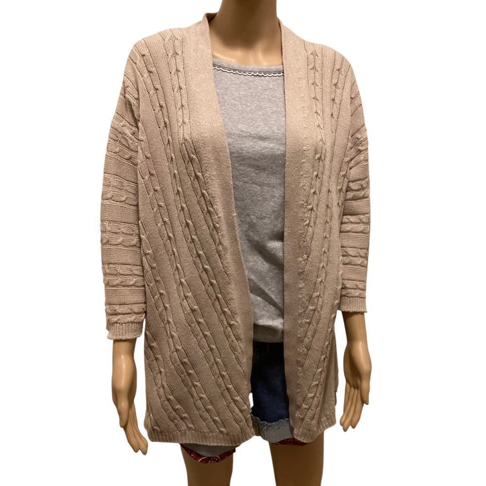 J Jill Cable Knit Open Front Cardigan 3/4 Sleeves beige M/L